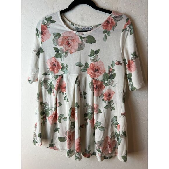 La Clef XL Women Floral Print White Pink Elbow Sleeve Baby Doll Tunic - Picture 3 of 7